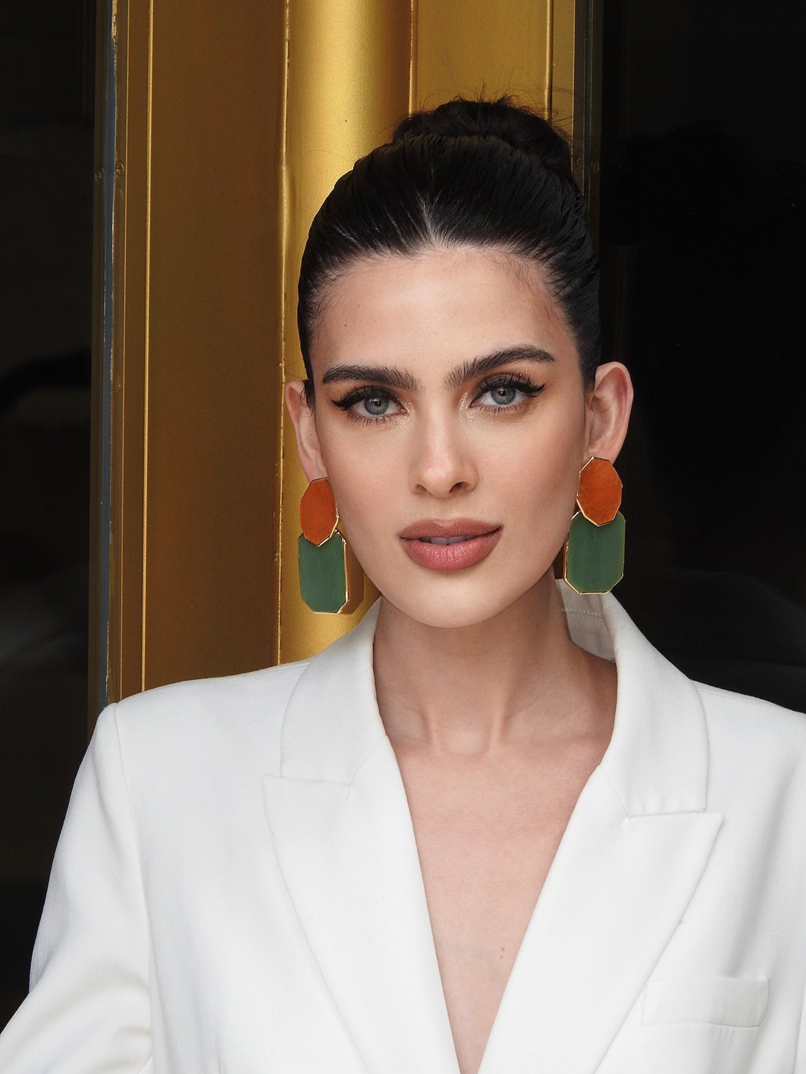 Icon Double Classic Green Aventurine and Peach Calcite Earring