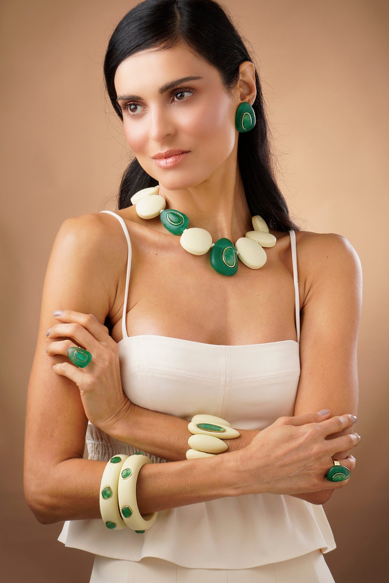 Multi Stone Resin Bangle - Green and Beige