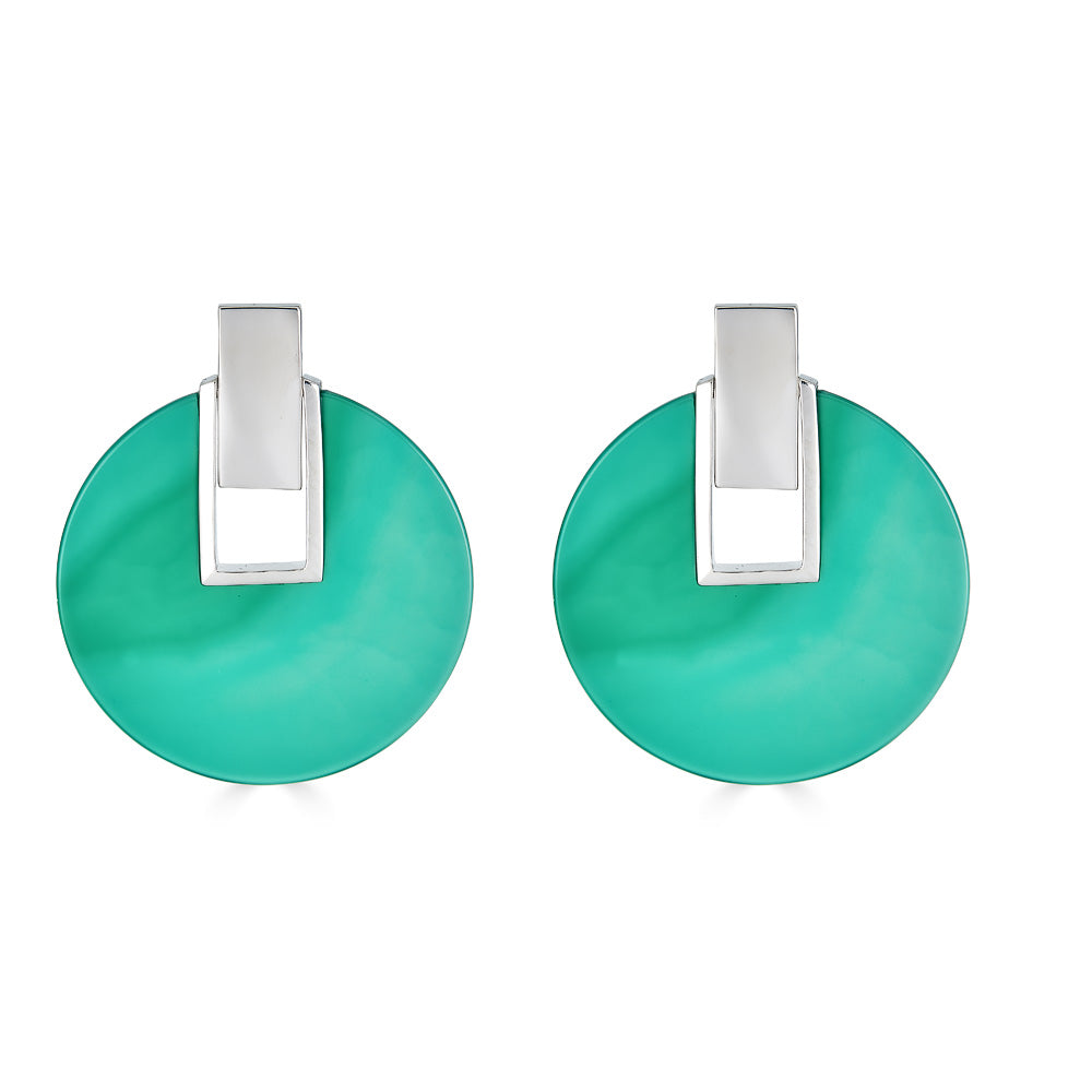 Charlotte Disc Earring - Green Agate Rhodium Plated