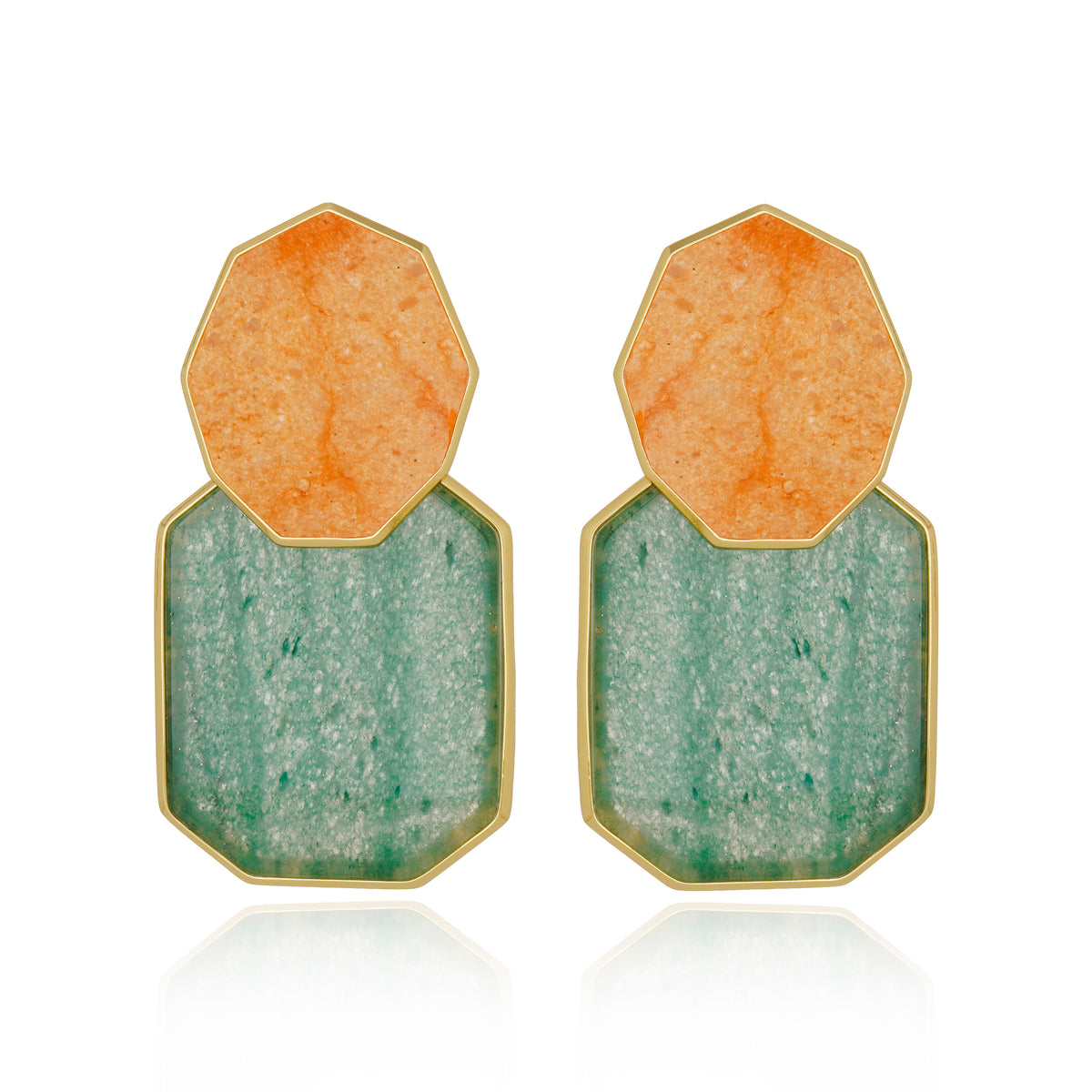 Icon Double Classic Green Aventurine and Peach Calcite Earring