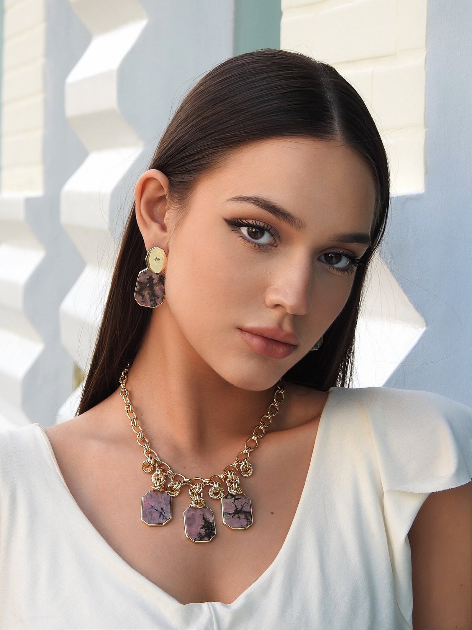 Icon Triple Pendant Rhodonite Necklace