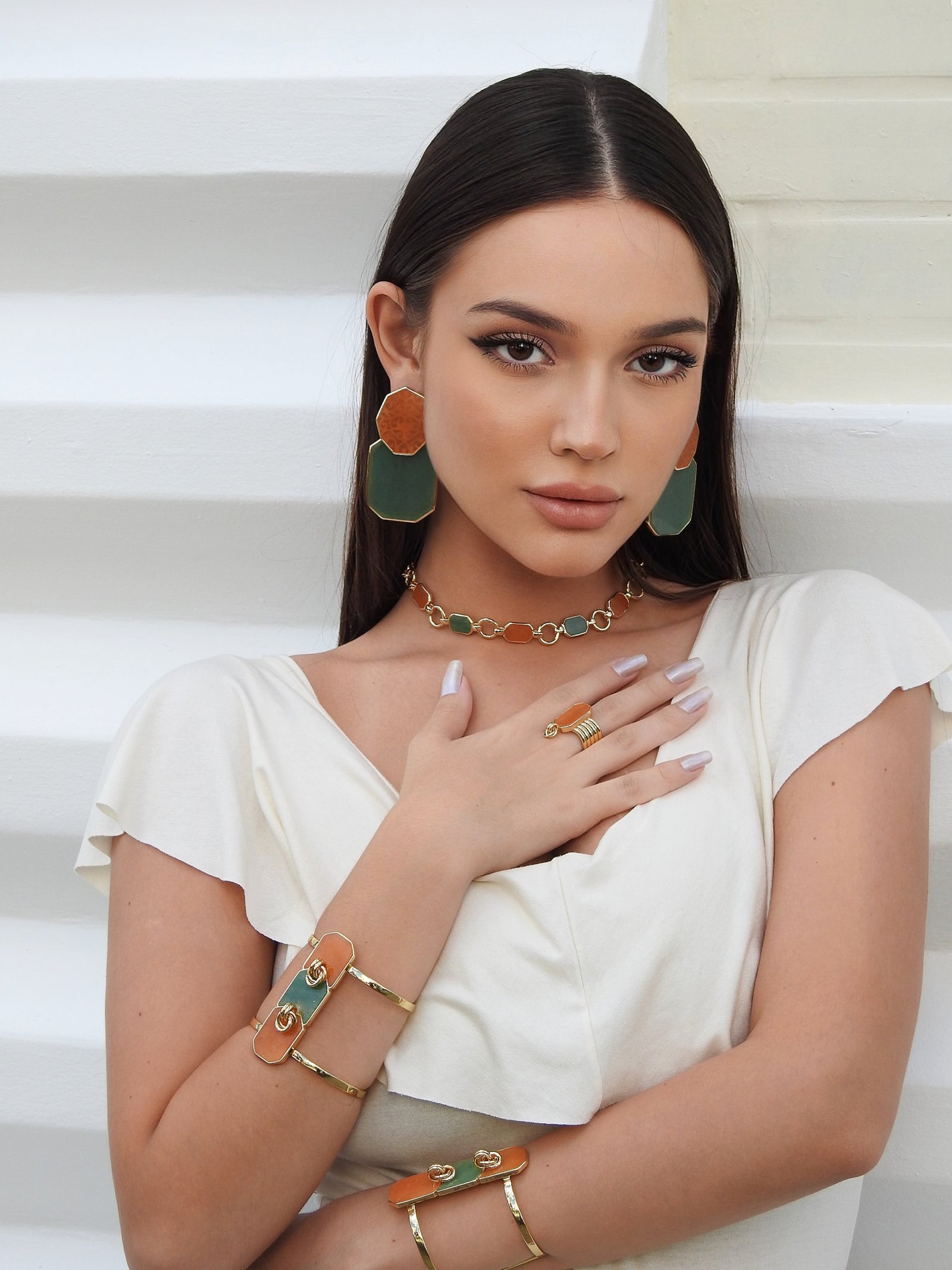 Icon Double Classic Green Aventurine and Peach Calcite Earring