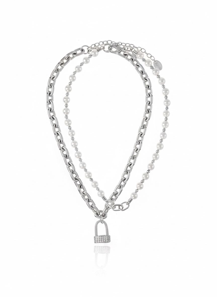 Isabella Pearl Lock Necklace Rhodium Plated