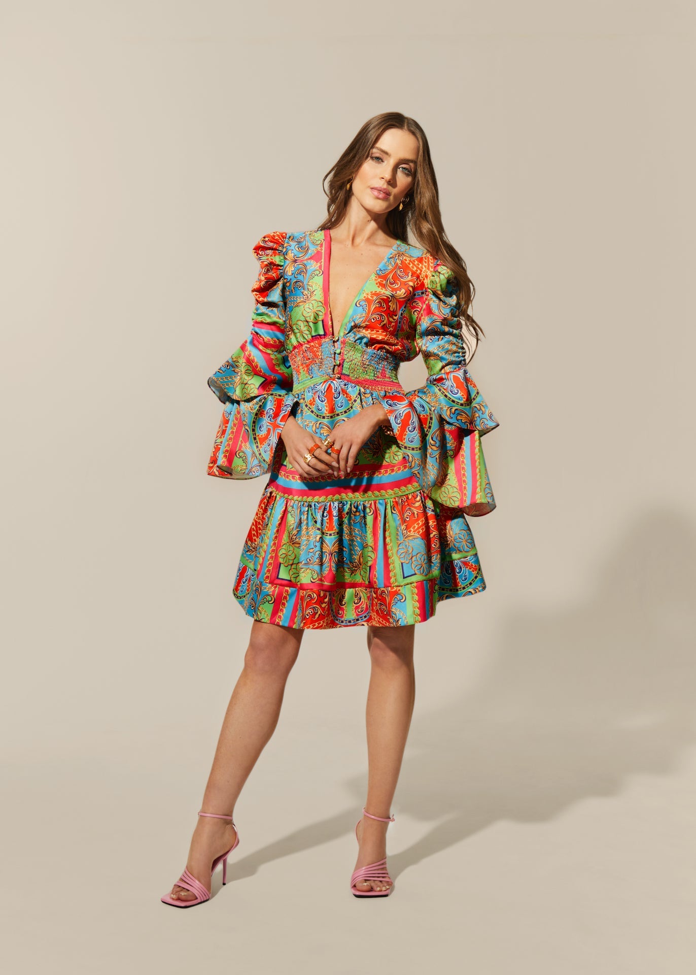 Stella Bell Sleeve Mini Dress - Multi Logo Silk