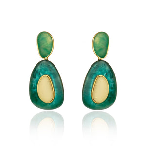 Dual Drop Resin Earring - Green and Beige