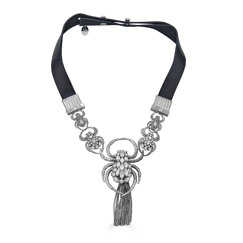 Spider Leather Necklace - Silver