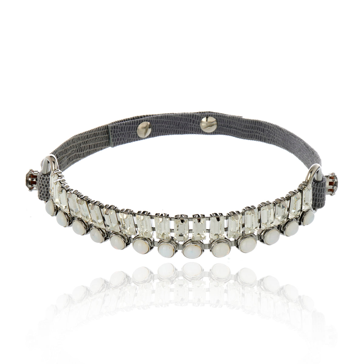 Cabochon Leather Choker Rhodium