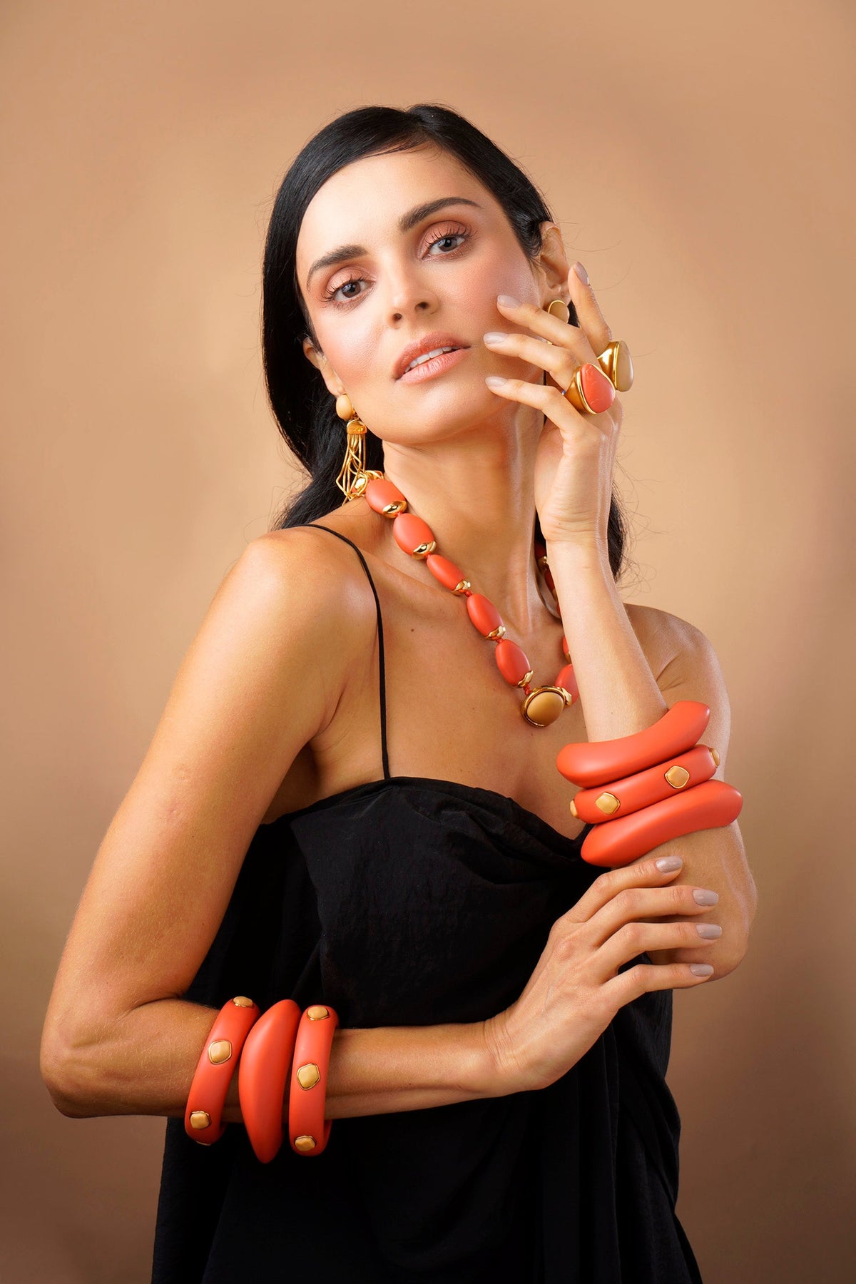 Multi Stone Resin Bangle - Coral and Beige