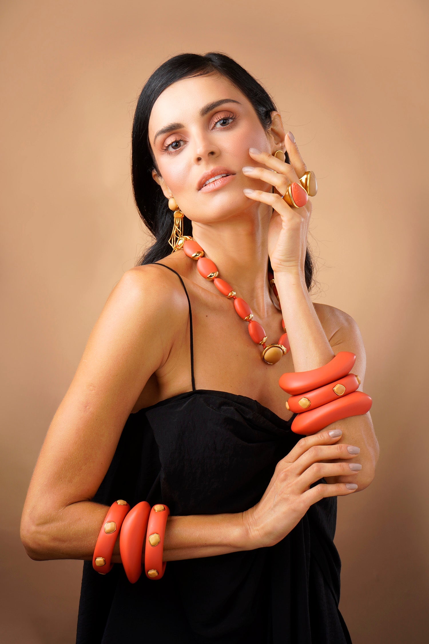 Multi Stone Resin Bangle - Coral and Beige