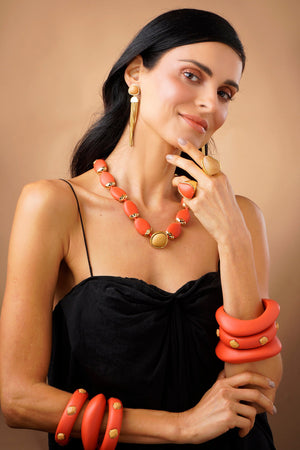 Multi Stone Resin Bangle - Coral and Beige