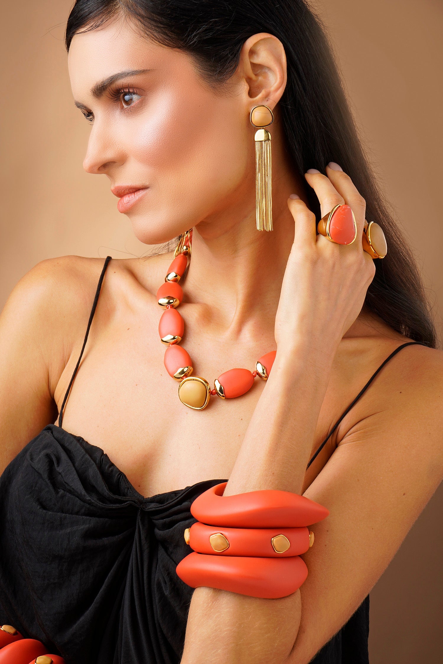 Multi Stone Resin Bangle - Coral and Beige