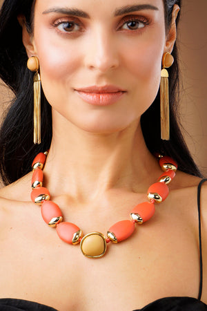 Resin Beads Necklace - Coral and Beige
