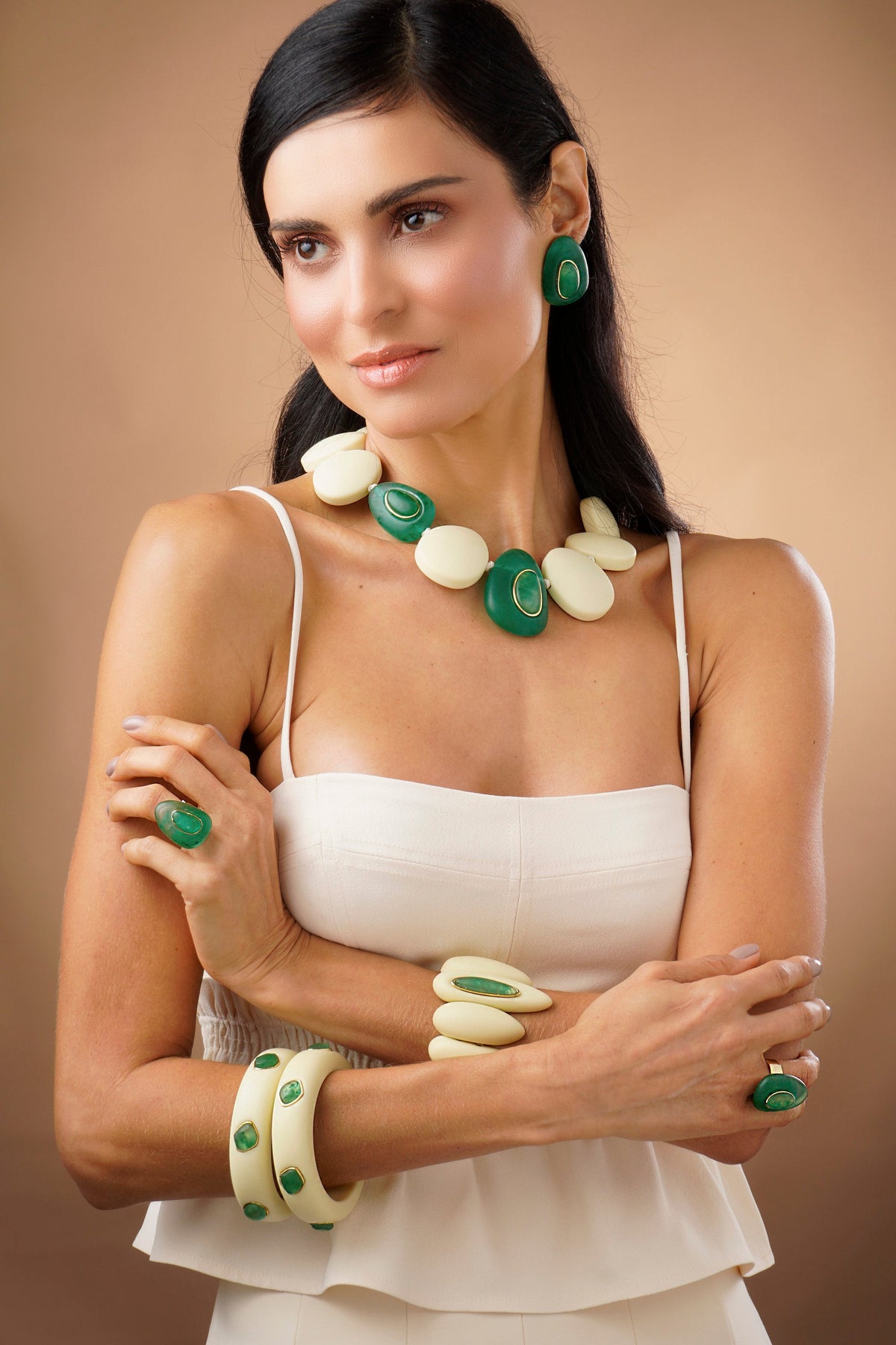 Multi Stone Resin Bangle - Green and Beige